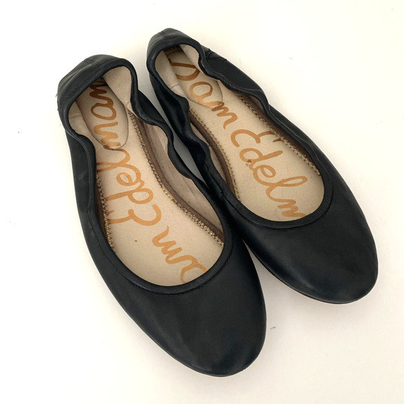 Sam Edelman Fritz Ballet Flat Black Leather Round Toe Slip On Logo Elastic 11 - Picture 2 of 6